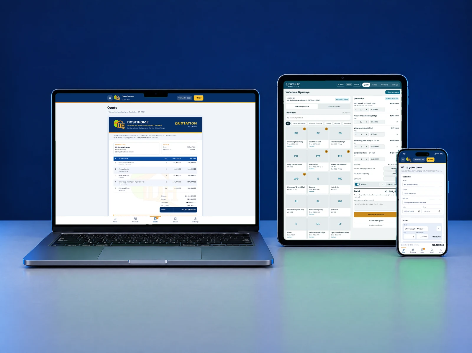 The DostiHome and AU Mosaic apps on a laptop, an iPad and an iPhone